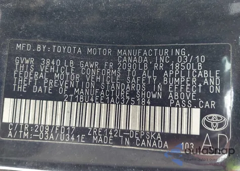 2010 Toyota Corolla S из США, поврежденный, VIN 2T1BU4EE1AC375184